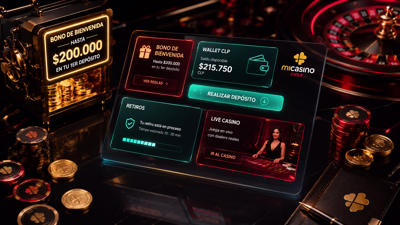 Vista de pagos, bono, retiros y live casino en Micasino Chile